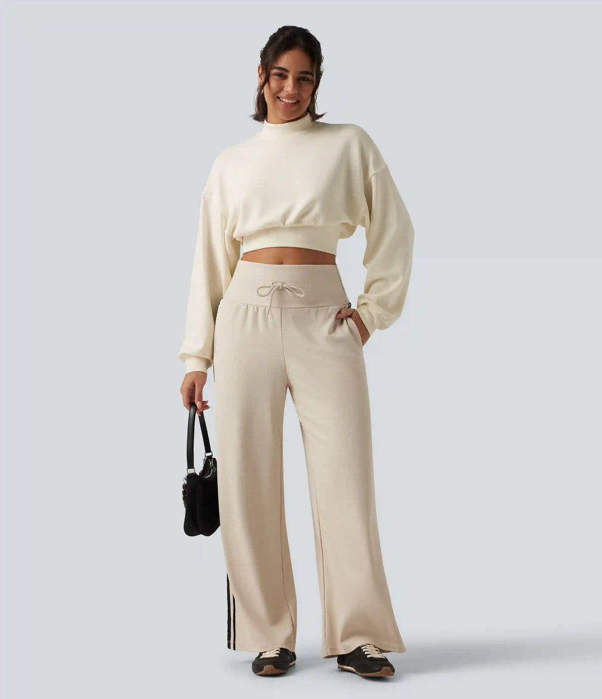 Mock Neck Dropped Long Sleeve Casual Cropped Sweatshirt
