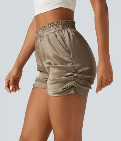 Mid Rise Crossover Lace Ruched Satin Casual Shorts 3'' with Pockets