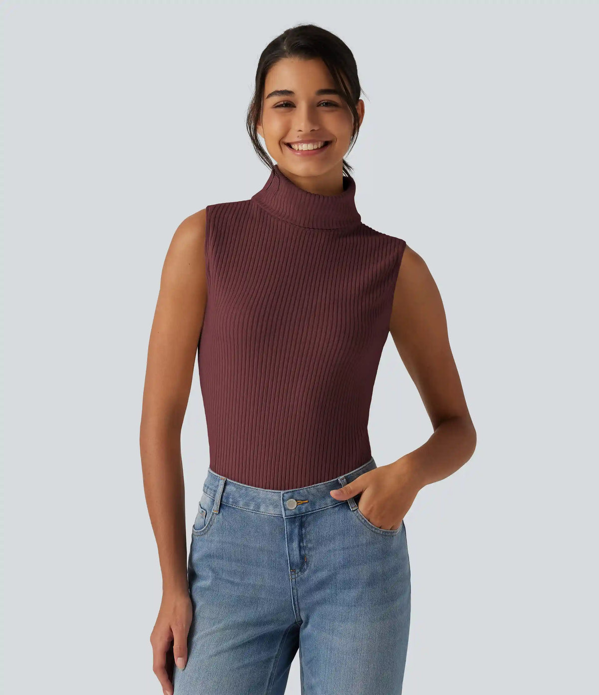 Ribbed Knit High Neck Casual Tank Top