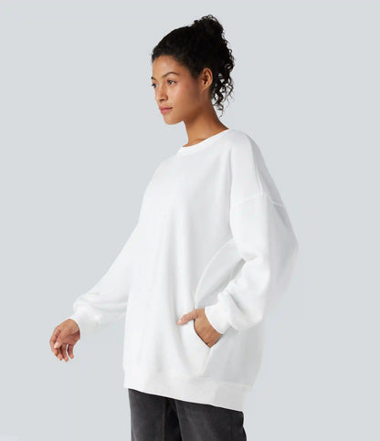 Round Neck Long Sleeve Pocket Oversize Fleece Casual Sweatshirt
