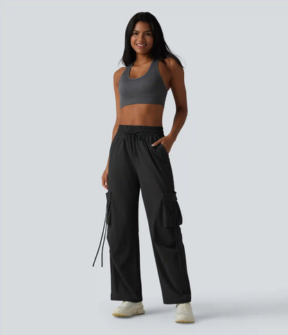 High Waisted Drawstring Wide Leg Quick Dry InstantCool Workout Cargo Pants with Pockets-UPF40+