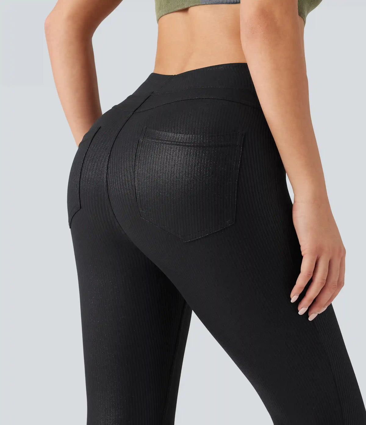 Ribbed Knit High Waisted Foil Print Yoga Leggings with Pockets