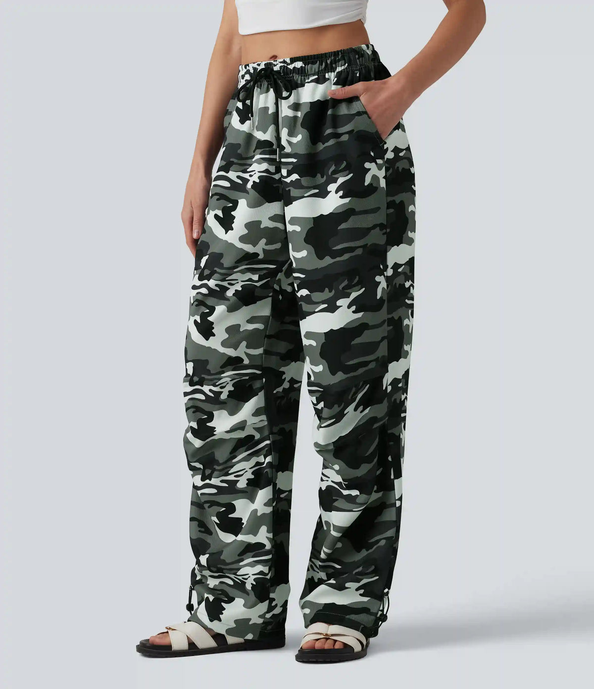 Mid Rise Drawstring Camo Casual Cargo Baggy Pants with Pockets