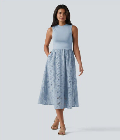 Round Neck Sleeveless Midi Embroidery Eyelet Resort Dress with Pockets