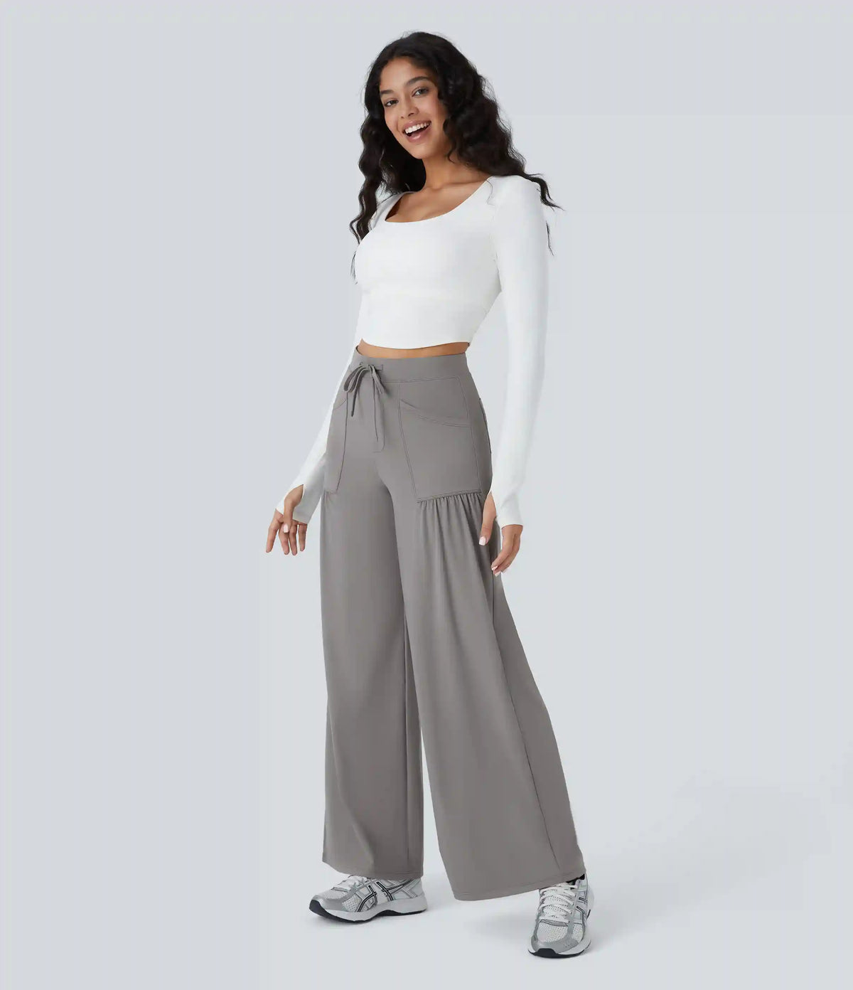 High Waisted Drawstring Pockets Wide Leg Yoga Pants
