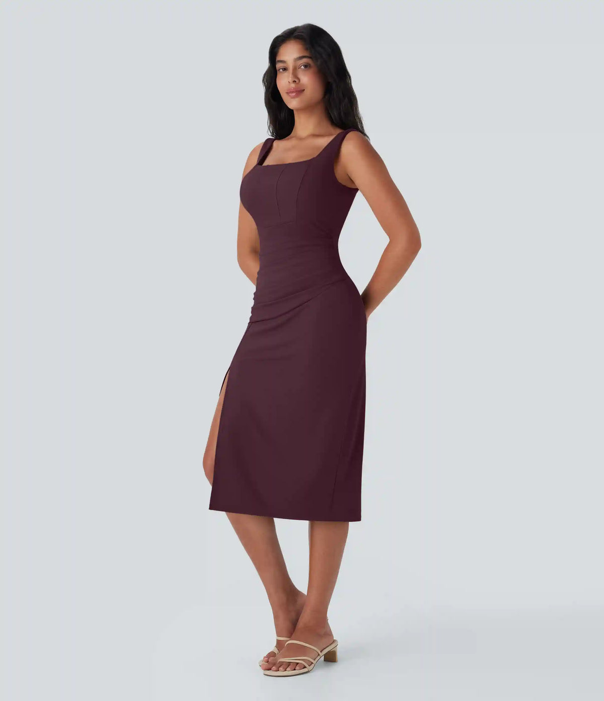 SoftlyZero™ Airy Square Neck Corset Ruched Bodycon Midi InstantCool Dress DD-F Cups