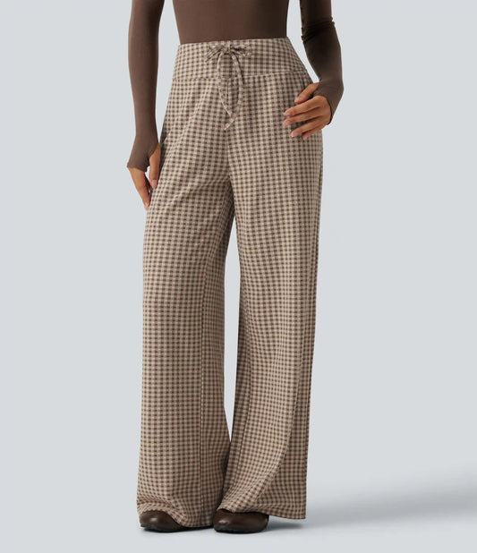 Mid Rise Plaid Drawstring Casual Baggy Pants with Pockets