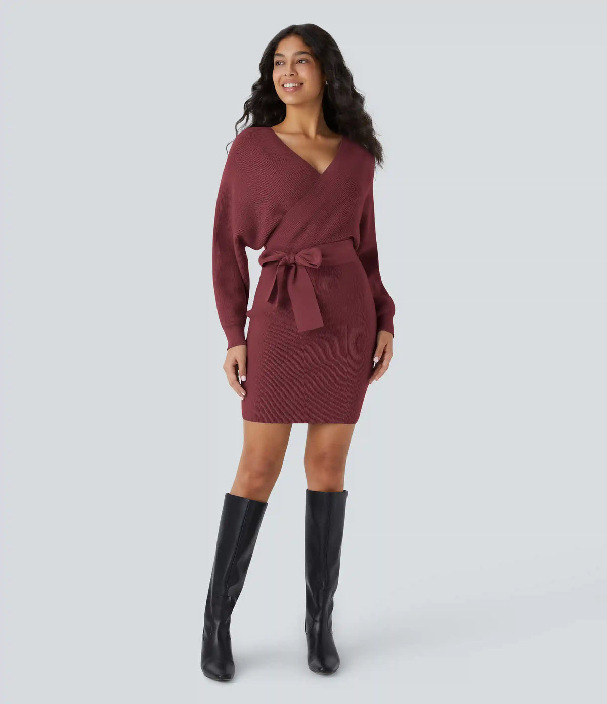 Crossover V Neck Batwing Long Sleeve Belted Mini Casual Sweater Dress