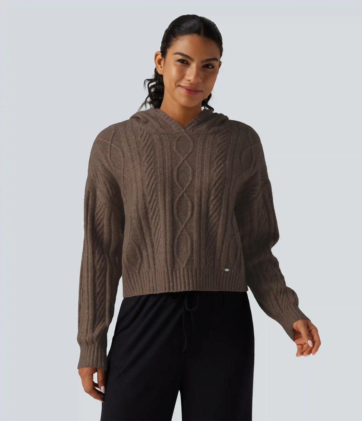 Cable Knit Hooded Long Sleeve Lounge Sweater
