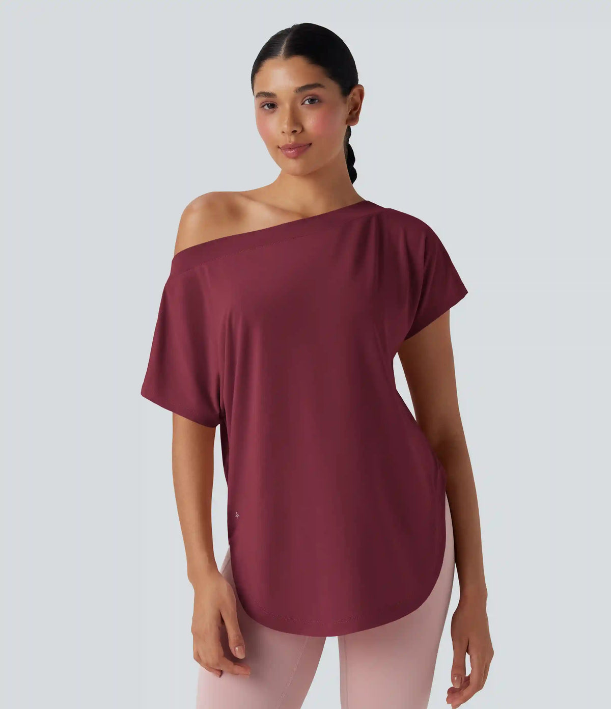 One Shoulder Short Sleeve Curved Hem High Low Quick Dry Yoga Sports Top