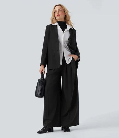 High Waisted Wide Leg Work Linen-Feel Pants with Pockets