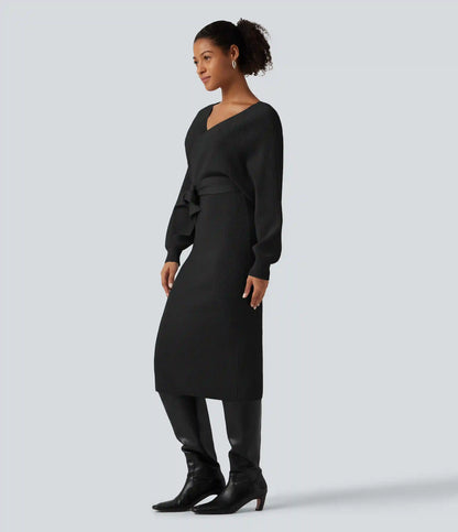 Crossover V Neck Batwing Long Sleeve Belted Midi Casual Sweater Dress