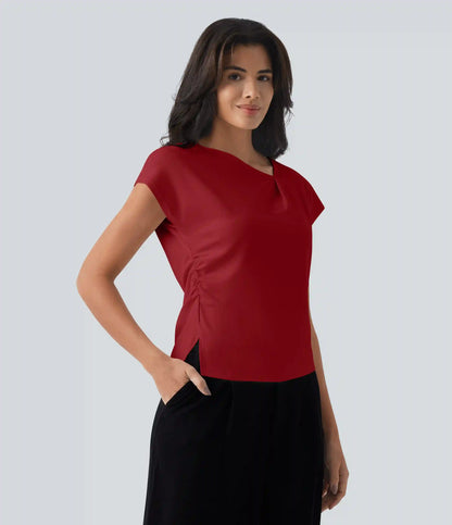 Asymmetric Cowl Neck Short Sleeve Ruched Split Hem Work Blouse