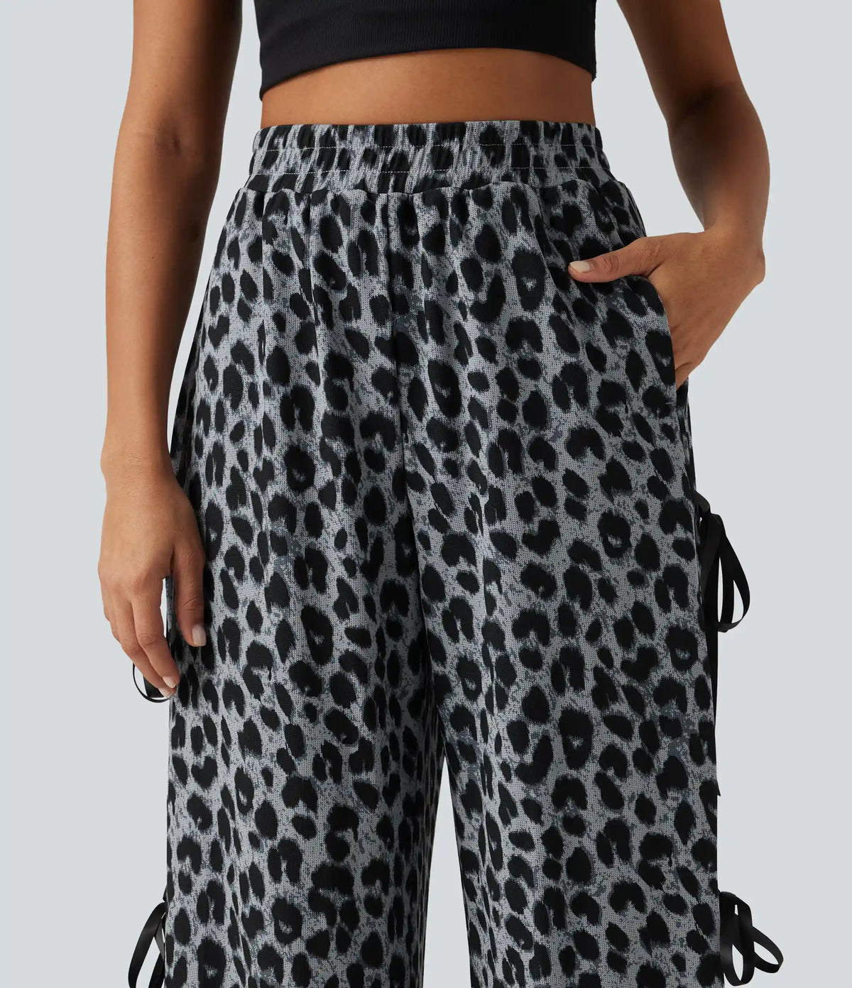 High Waisted Leopard Print Waffle Wide Leg Casual Pants with Pockets