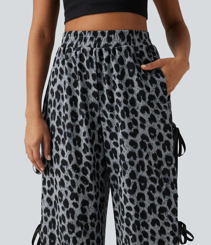 High Waisted Leopard Print Waffle Wide Leg Casual Pants with Pockets