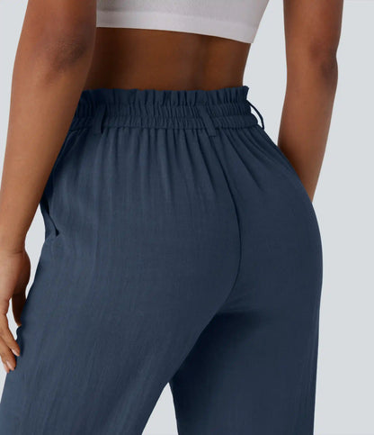 High Waisted Zipper Pocket Cropped Linen-Feel Pants