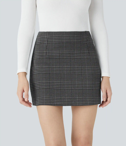 High Waisted 2-in-1 Houndstooth Plaid Mini Work Skirt