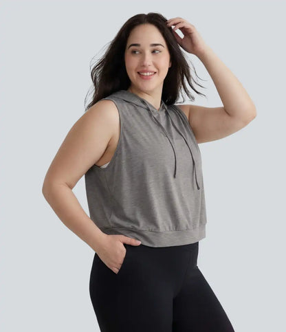 Hooded Drawstring Sleeveless Cropped Running Plus Size Tank Top