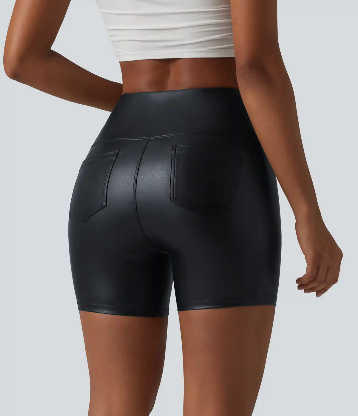 High Waisted Tummy Control Stretchy PU Casual Biker Shorts 5'' with Pockets