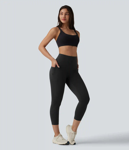 Halara Ultrasculpt™ High Waisted Tummy Control Crossover Back Capri Running Leggings with Pockets