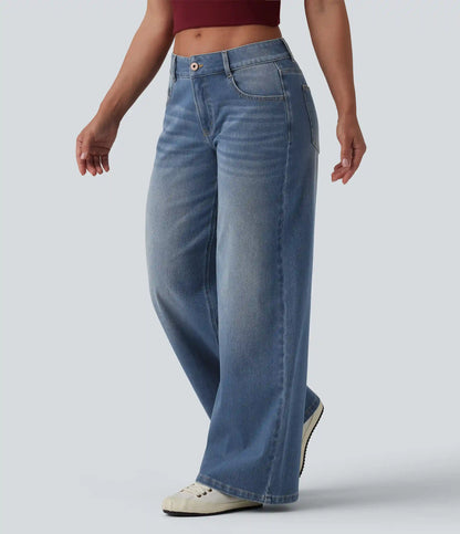 Halara Flex™ Low Rise Zipper Pockets Washed Baggy Wide Leg Casual Jeans