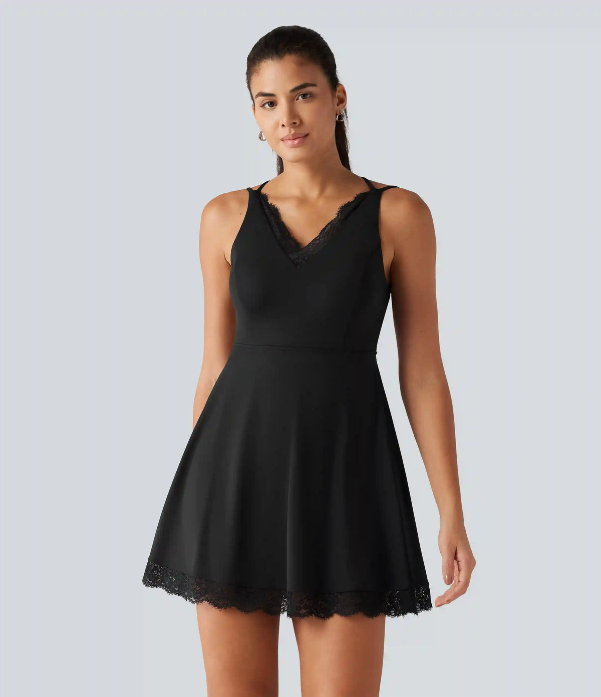 SoftlyZero™ Airy V Neck 2-in-1 Built-in Bra Contrast Lace InstantCool Mini Dance Dress with Pockets-Easy Peezy Edition