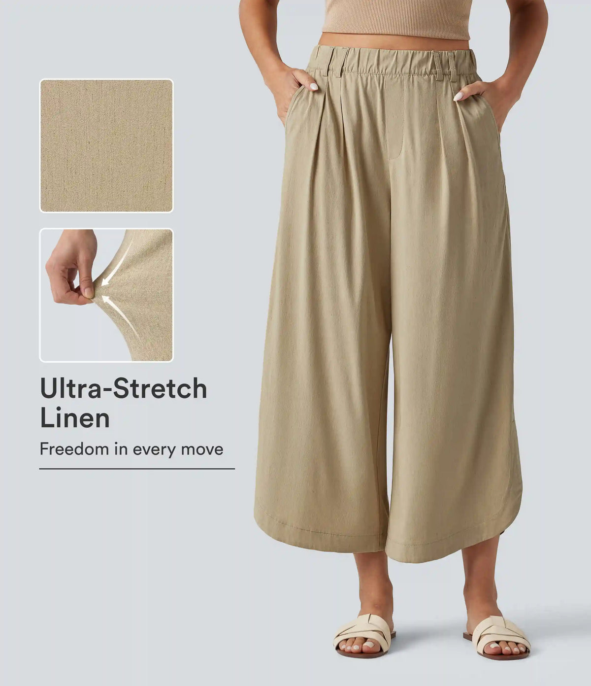 High Waisted Wide Leg Curved Hem Cropped Casual Stretch Linen Pants with Pockets
