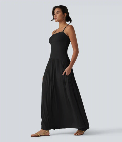 Ribbed Flowy Maxi Slip Dress with Pockets