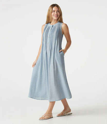 Round Neck Sleeveless Plaid Midi Casual Linen-Feel Dress with Pockets