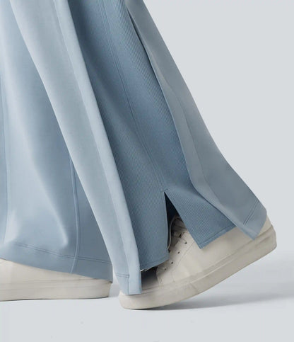 SpacerTek™ High Waisted Inner Drawstring Contrast Ribbed Split Casual Wide Leg Pants with Pockets