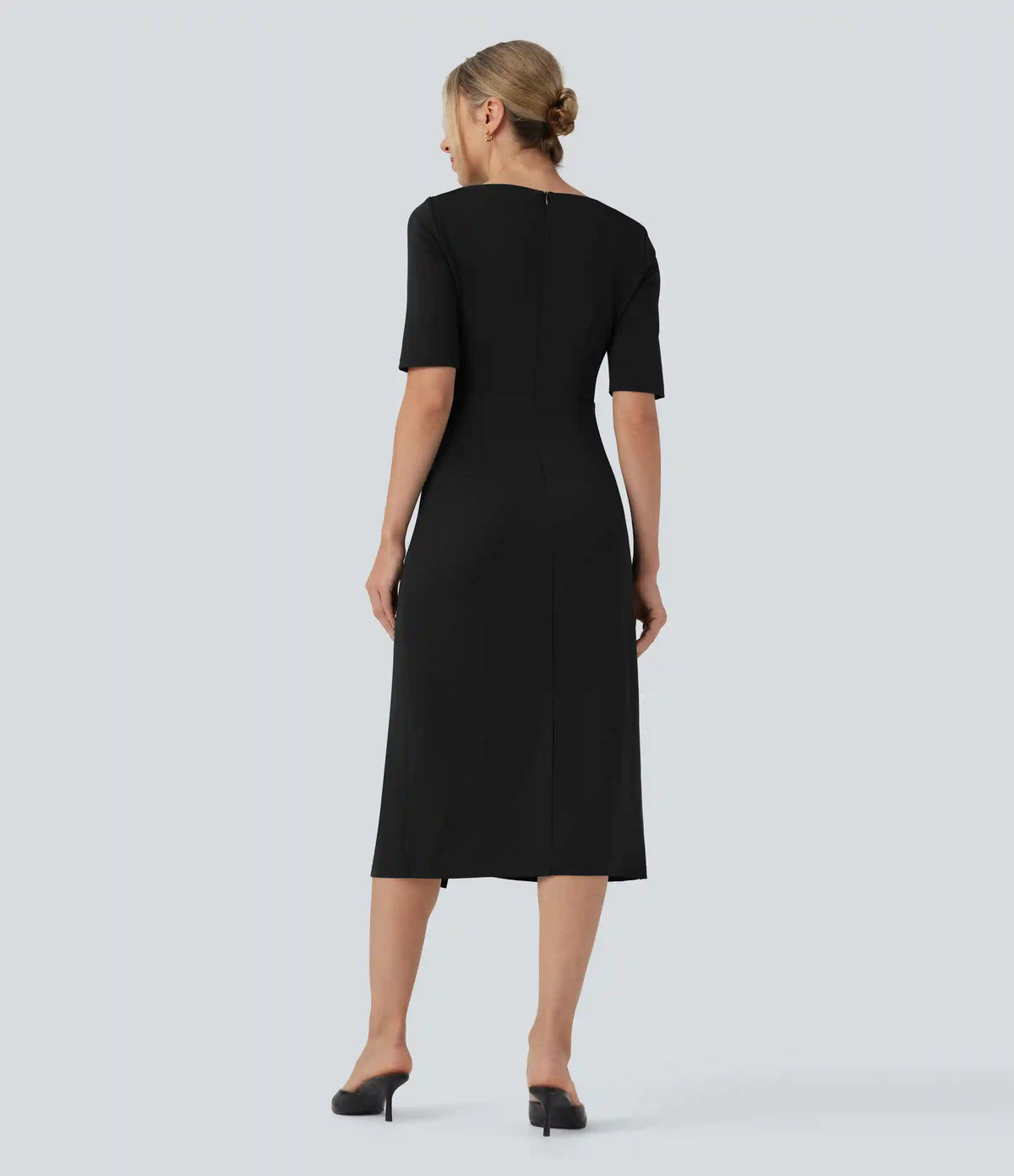 Rounded Neckline Short Sleeve Split Work Dress