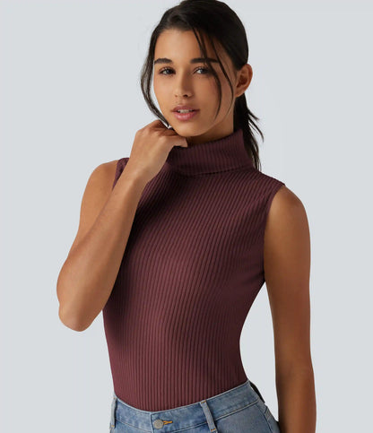 Ribbed Knit High Neck Casual Tank Top