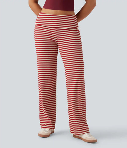 Foldover Low Rise Striped Casual Flare Trousers
