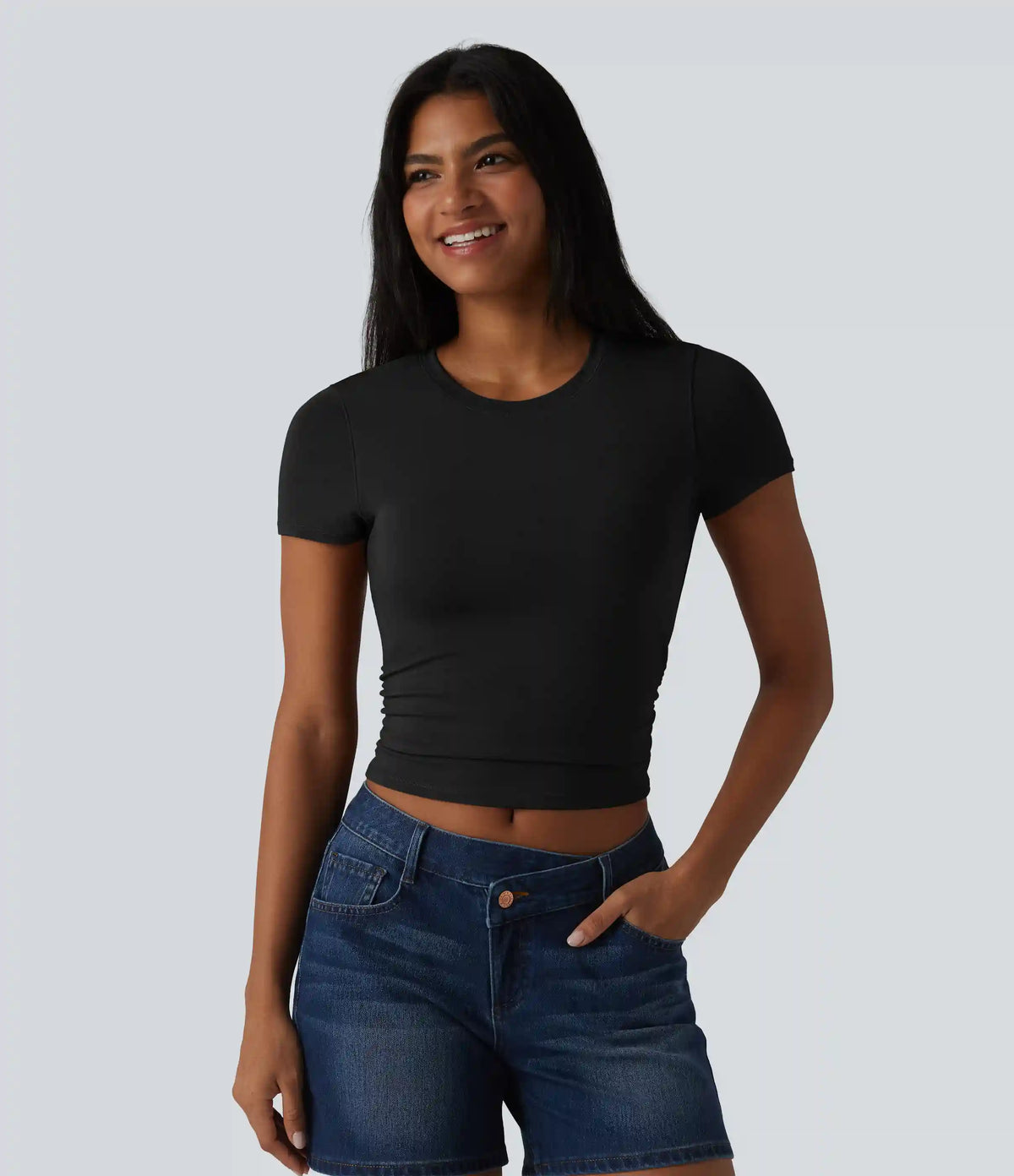 Halara Cotton Jersey Round Neck Short Sleeve Ruched Built-in Bra Casual T-Shirt