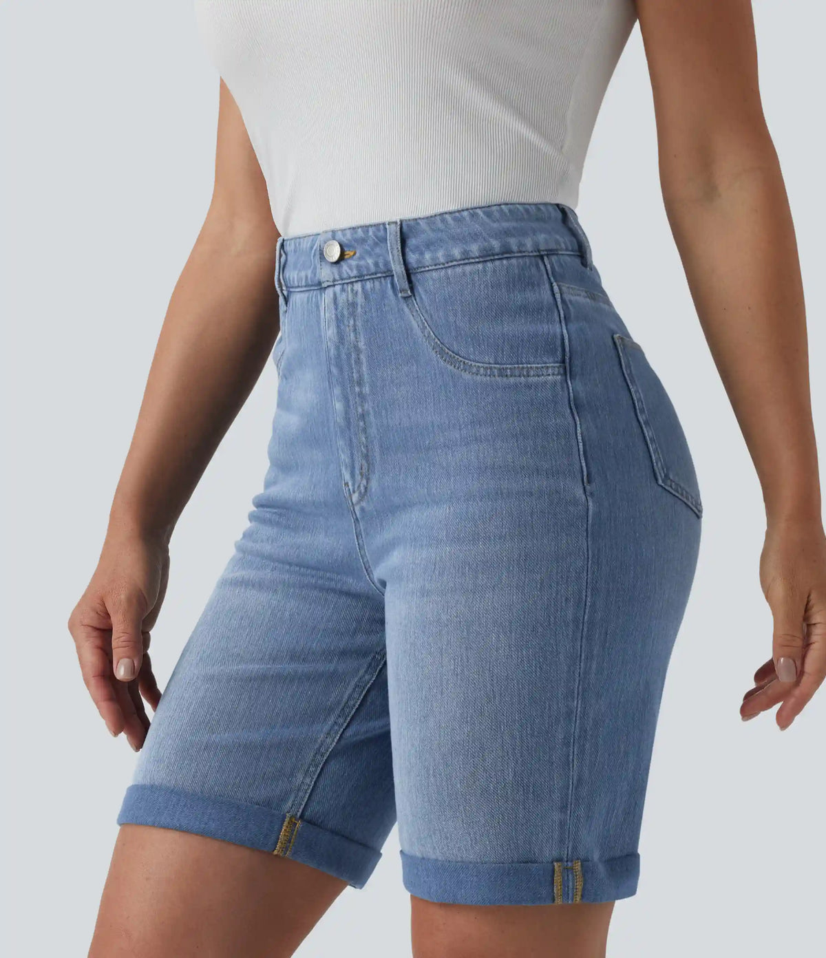 Halara Flex™ High Waisted Tummy Control Rolled Hem Washed Denim Casual Shorts with Pockets