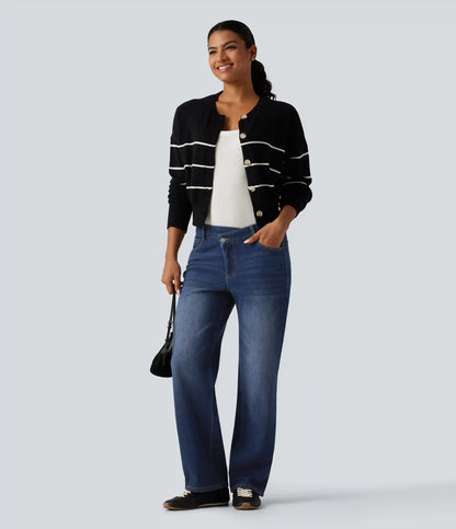 Mid Rise Asymmetric Straight Leg Fleece Casual Jeans with Pockets