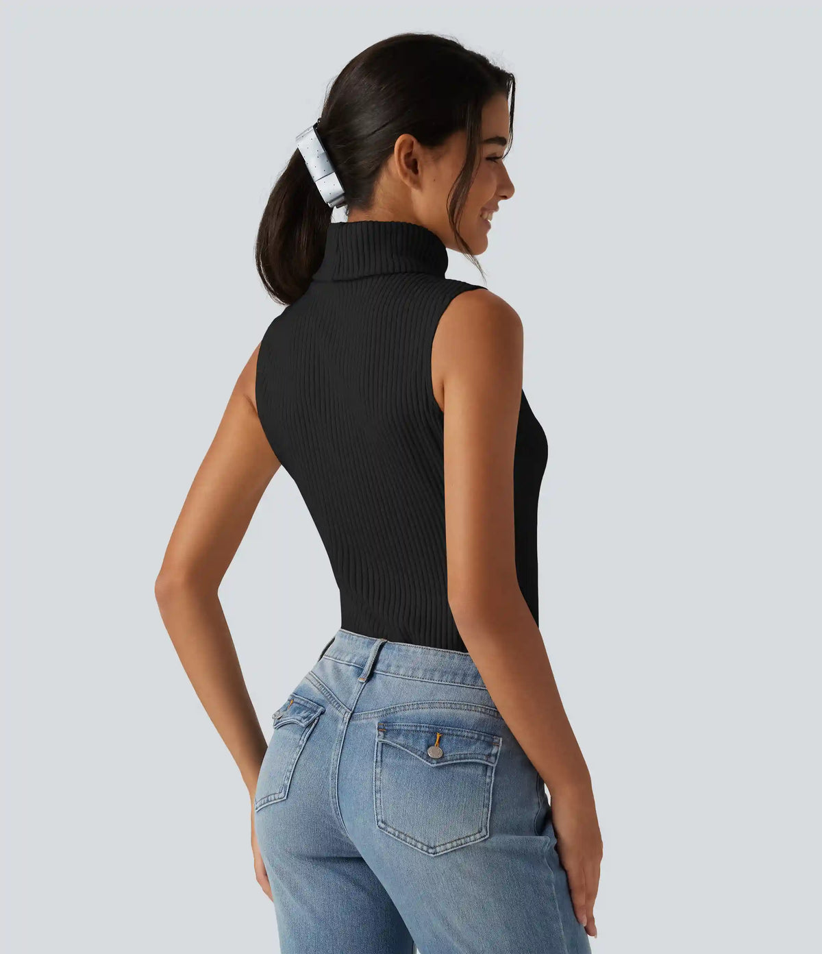 Ribbed Knit High Neck Casual Tank Top