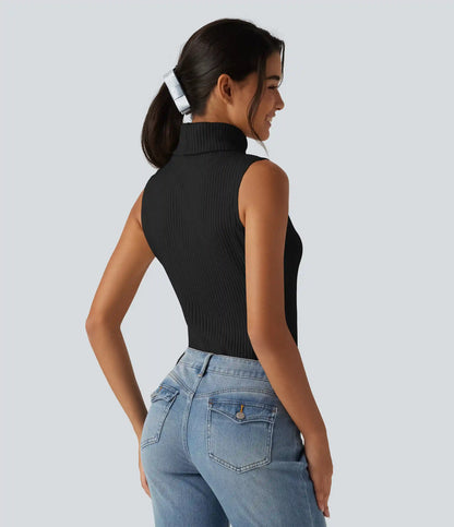 Ribbed Knit High Neck Casual Tank Top
