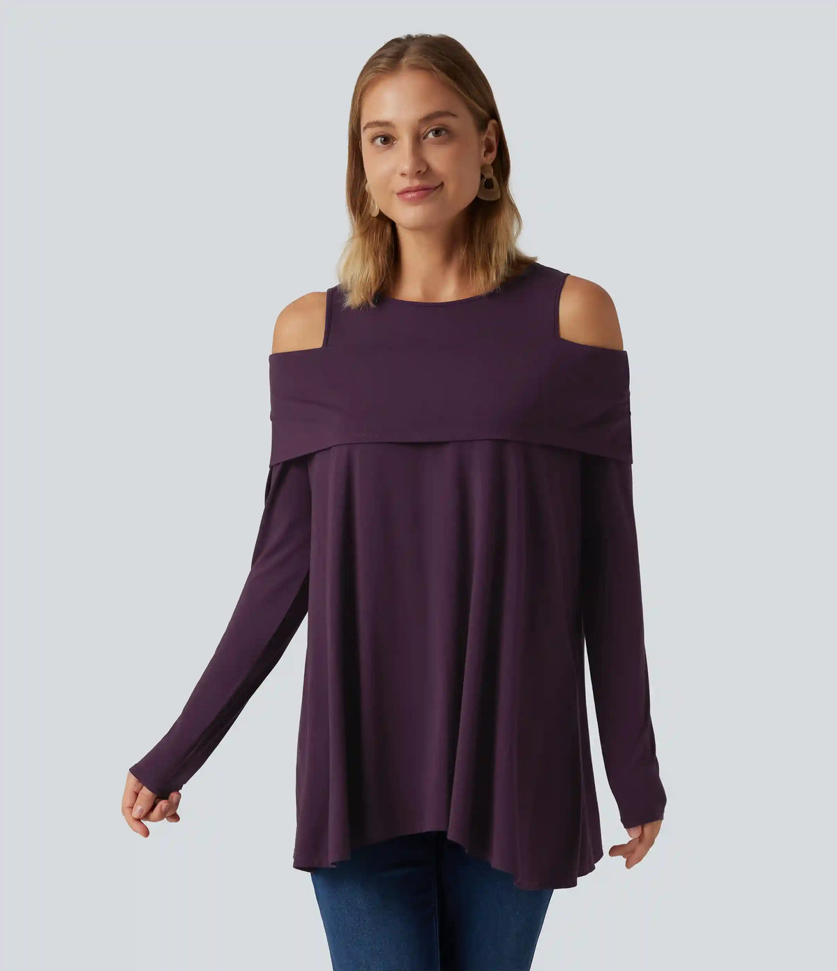 Round Neck Cold Shoulder Relaxed Long Sleeve Casual Top
