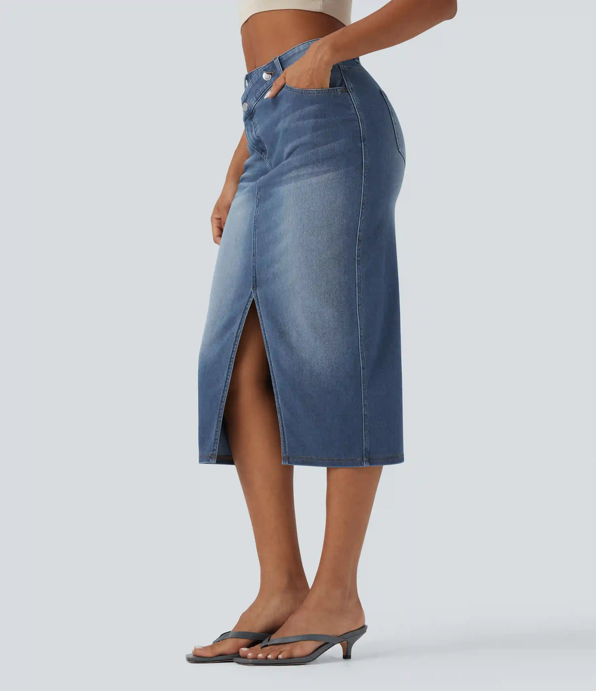 Halara Flex™ Asymmetric Mid Rise Split Bodycon Denim Casual Skirt with Pockets
