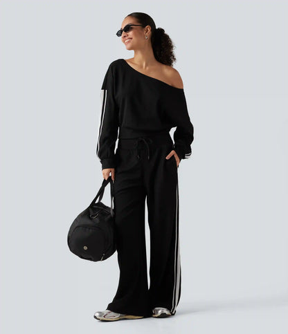 Boat Neck Long Sleeve Side Stripe Waffle Casual Top
