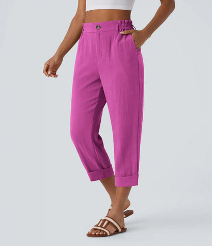 High Waisted Zipper Pocket Cropped Linen-Feel Pants