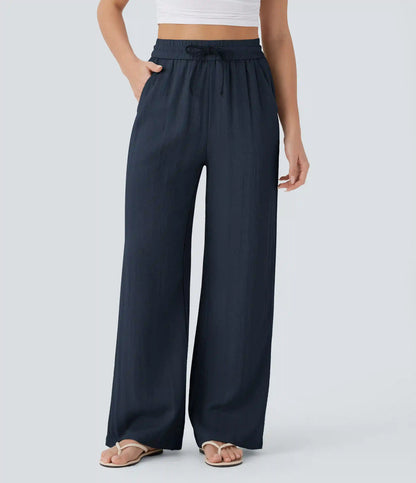High Waisted Drawstring Pocket Wide Leg Baggy Casual Linen-Feel Pants