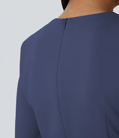 Round Neck Shoulder Pad Long Sleeve Hem Slim Mini Work Dress