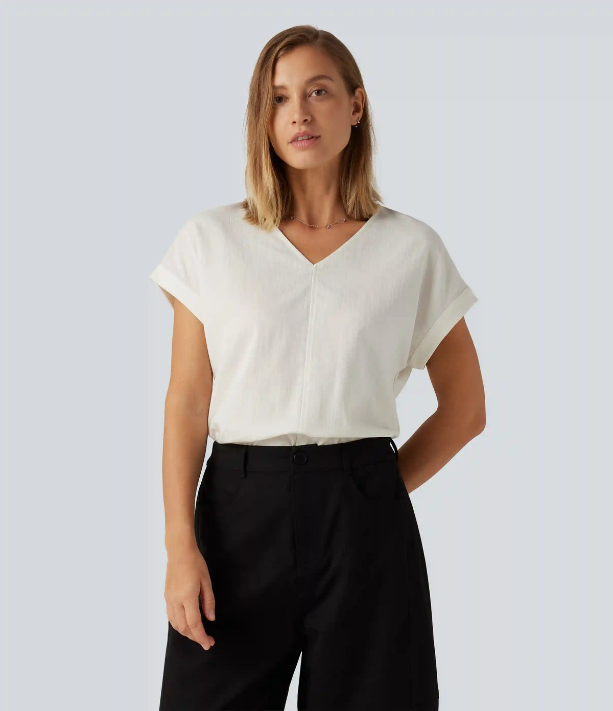 V Neck Short Sleeve Linen-Feel Casual Blouse