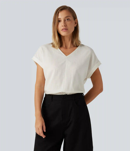 V Neck Short Sleeve Linen-Feel Casual Blouse