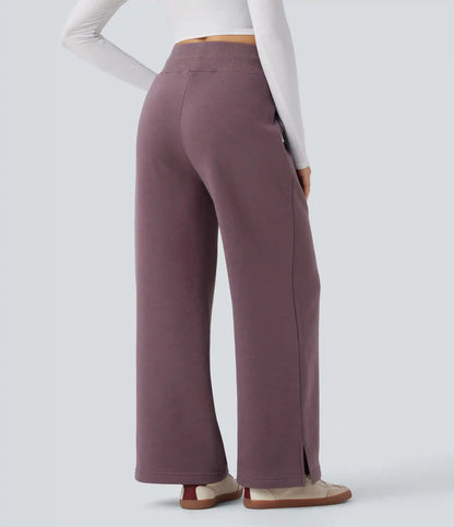 High Waisted Drawstring Split Hem Wide Leg Casual Fleece Pants with Pockets