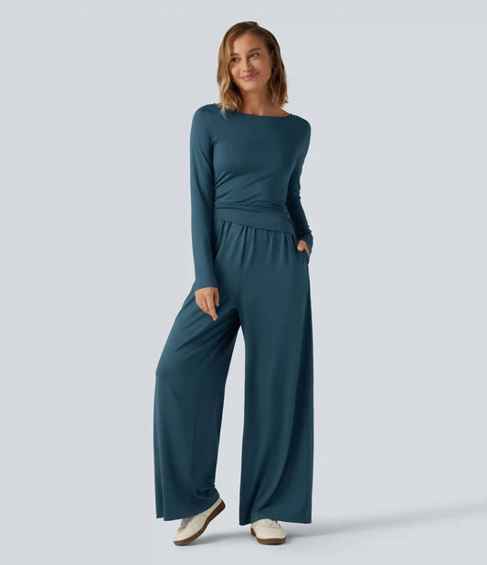 Boat Neck Long Sleeve Wide Leg Ruched Casual Jumpsuit with Pockets-Easy Peezy Edition