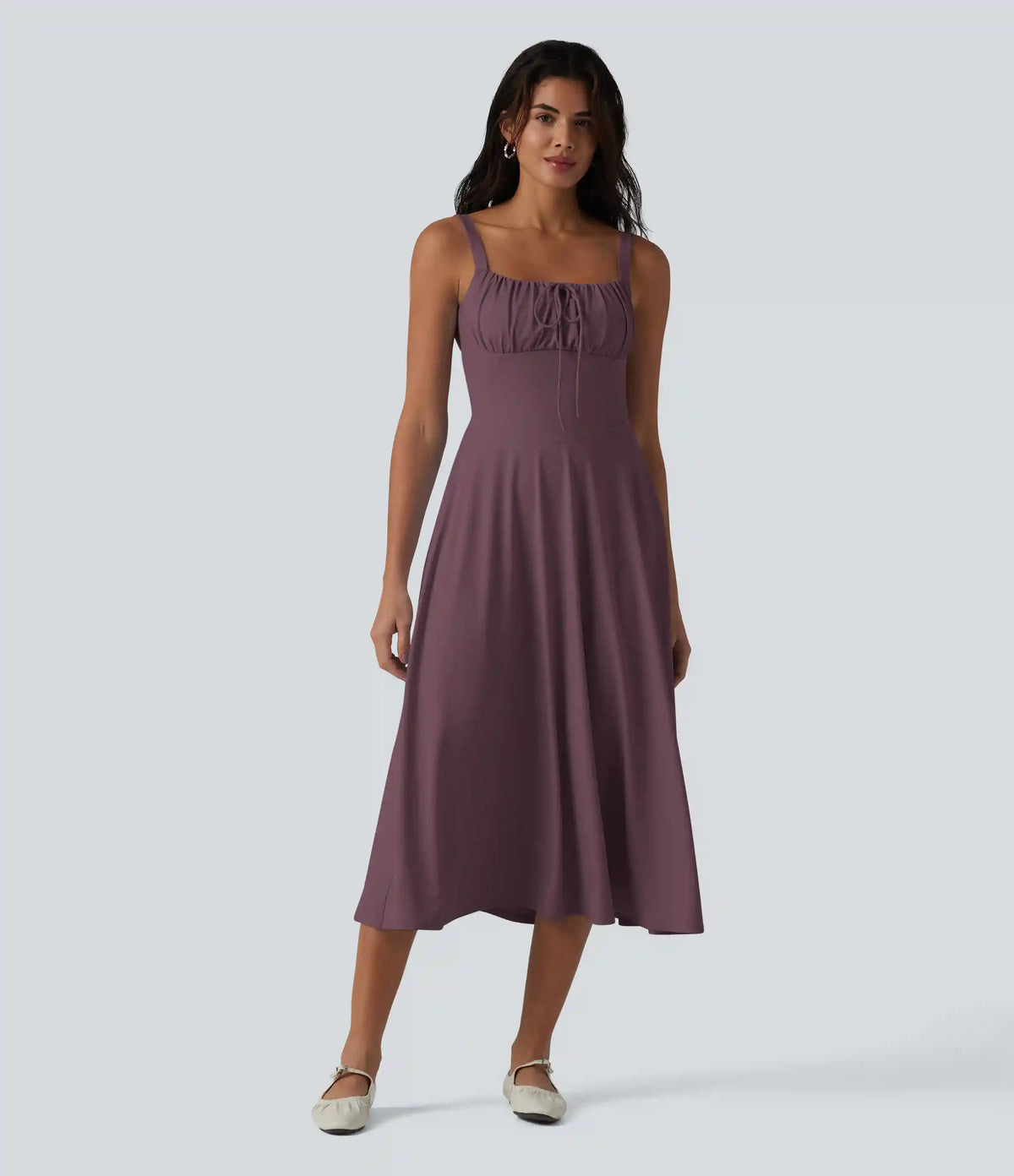 Crisscross Backless Square Neck Sleeveless Ruched Built-in Bra Midi Resort Flowy Milkmaid Dress