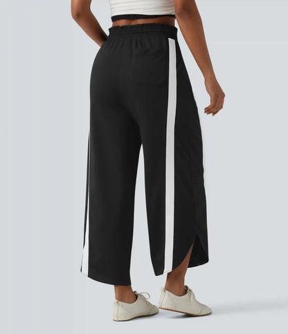 High Waisted Drawstring Curved Hem Color Block Casual Wide Leg Sweatpants with Pockets